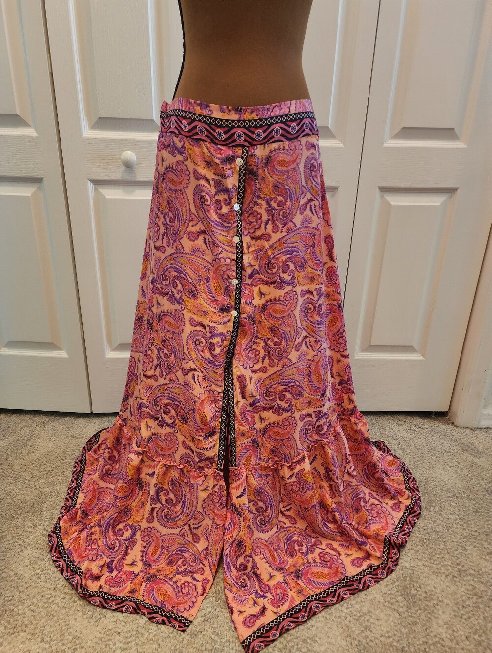 Vibrant Pink Paisley Boho Tiered Maxi Skirt Front Button Slit Smocked Waistband - Picture 2 of 13